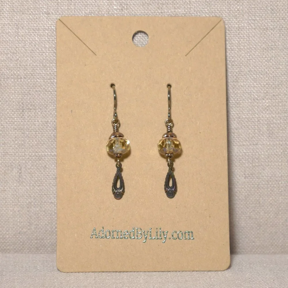 Hand Crafted Handmade Earrings Amber Czech Glass & Brass Petite Dangle E… - Picture 2 of 4